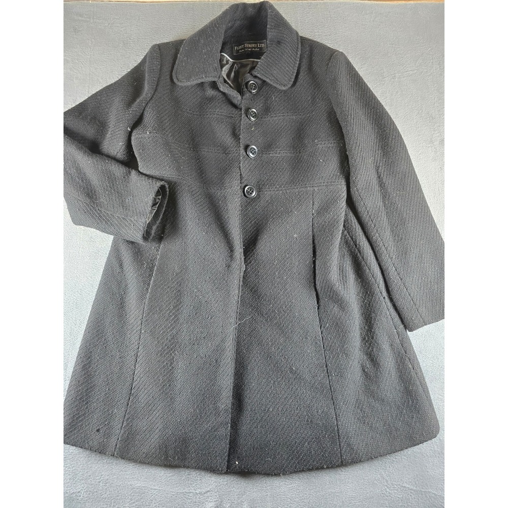 Fleet Street Ltd Black Wool Blend Textured Button Front A-Line Coat Womens 12